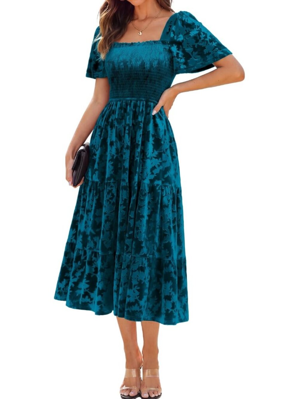 Women's Blue Green Square Neck Short Sleeve Formal Wedding Velvet Maxi Dresses